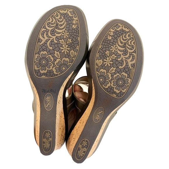 LIKE NEW - SOFT - Pewter Leather & Cork Wedge Two Strap Slip-on Sandals Size 10 - Picture 7 of 9